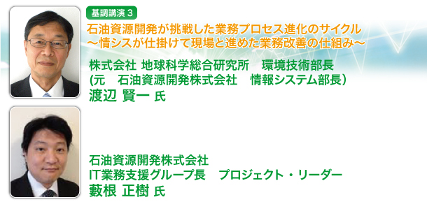 石油資源開発が挑戦した業務プロセス進化のサイクル
～情シスが仕掛けて現場と進めた業務改善の仕組み～


株式会社 地球科学総合研究所
環境技術部長
(元　石油資源開発株式会社
情報システム部長）
渡辺 賢一 氏

石油資源開発株式会社
IT業務支援グループ長
プロジェクト・リーダー
藪根 正樹 氏